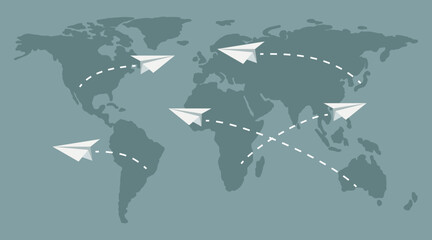 Travel concept. A simple map of the world with flying paper planes. Vector flat illustration.