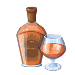 Brandy alcohol drink in snifter glass with ice cubes and bottle vector illustration. Cartoon strong liquor from distilled wine, isolated cold brown alcoholic beverage for tasting in bar or pub