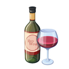 Red wine in glass and bottle, grape juice alcohol drink vector illustration. Cartoon wineglass goblet full of natural vine beverage from winery, isolated bottle with brand label and bright liquid