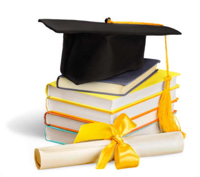 Graduation mortarboard on top of stack of books on white background