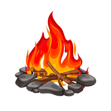 Burning wood of bonfire vector illustration. Cartoon isolated fire of campfire, flame of firewood in stone fireplace with burning forest dry sticks and branches, blazing flammable lumbers and coal