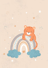 Cute little tiger cub sleeping on a rainbow in a cloud and stars. Baby for posters, fabric prints and baby cards. Vector