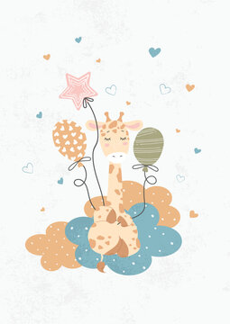 A cute giraffe sits and sleeps on the clouds. Baby for posters, fabric prints, newborn cards. Vector