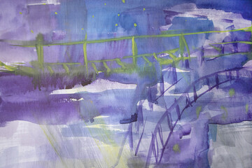 Contemporary painting. Abstract bridges in nighttime sky. Figurative fictional skyscape. Watercolor liquid fluid texture. Mysterious atmosphere. Beautiful decorative fine art illustration.