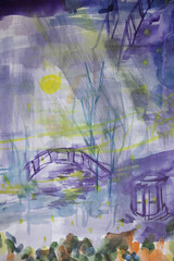Fall nighttime landscape with bridge, pond and gazebo. Mysterious, fictional park. Full moon and stars calm atmosphere. Watercolor brush strokes fluid texture with blots and wet stains.