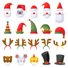 Funny christmas hair band flat icons set. Santa Claus cap, elf hats, reindeer antlers, mouse and chicken masks. Different variations of accessories. Winter holiday festival. Isolated illustrations