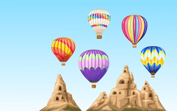 Hot air balloons fly over mountains of Cappadocia in Turkey vector illustration. Cartoon Turkish landscape with rocks and nature, romantic flight of balloons with color pattern and baskets in blue sky