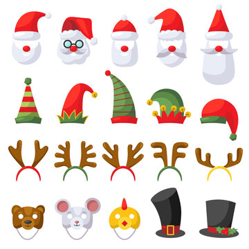 Funny christmas hair band flat icons set. Santa Claus cap, elf hats, reindeer antlers, mouse and chicken masks. Different variations of accessories. Winter holiday festival. Isolated illustrations