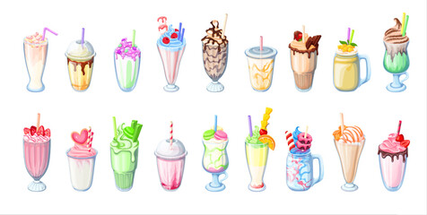 Milkshake set vector illustration. Cartoon isolated sweet summer drink with milk, fruit and berry, drinking cocktail with whipped cream and chocolate topping in glass for cafe, bar menu collection