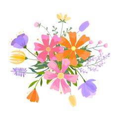 Vector floral bouquet illustration. Set of leaves, wildflowers, twigs, floral arrangements. Beautiful compositions of field grass and bright spring flowers.