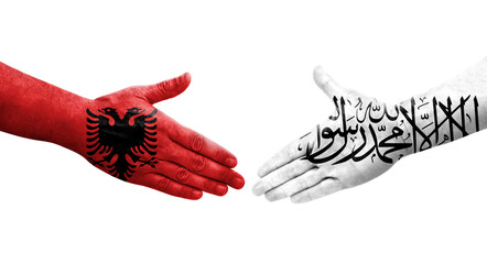 Handshake between Afghanistan and Albania flags painted on hands, isolated transparent image.