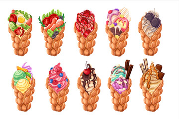 Hong Kong waffles set vector illustration. Cartoon isolated food snacks, wafer or egg bubble waffle crispy cones collection with different fillings, ice cream, berry and fruit, fastfood cafe menu - obrazy, fototapety, plakaty