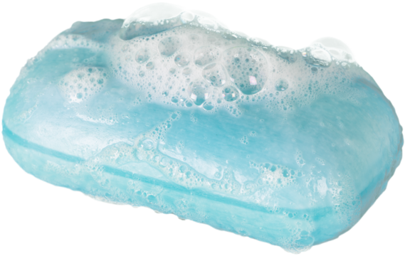 Bar of Blue Soap with Bubbles on white background