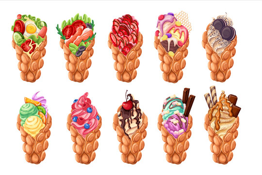 Hong Kong waffles set vector illustration. Cartoon isolated food snacks, wafer or egg bubble waffle crispy cones collection with different fillings, ice cream, berry and fruit, fastfood cafe menu