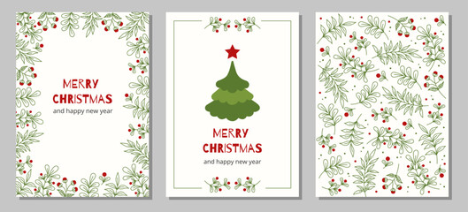 Set of christmas and happy new year greeting cards with Christmas tree, floral frames and backgrounds.