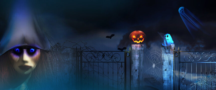 Scary halloween background with witch, ghosts, pumpkin and flying bats in spooky night. 3D render illustration.