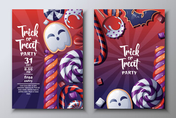 Vector set of Halloween party invitations or greeting cards with candies, lollipops.Ghost and Bat Cookies.