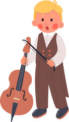 Musician flat icon Boy with double bass and bow