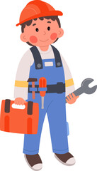 Handyman flat icon Boy with wrench and tool kit