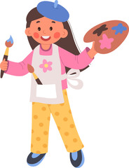 Painter flat icon Girl with paintbrush and color palette