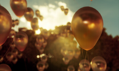 Golden balloons flying in air