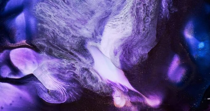 Close-up lilac black white ink splash abstract background. Dark violet blue paint. Dark purple liquid digital flow. Shiny moving liquid. Blue art flowing. Fluid backdrop. Acrylic move pattern texture