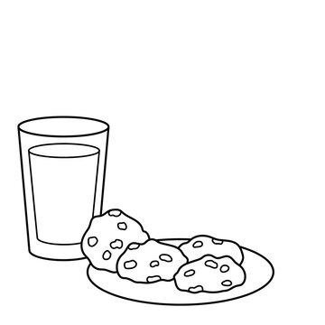 Glass of milk and cookies for Santa. Coloring book. Christmas. New Year. Black and white vector image.