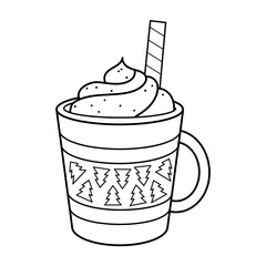 Winter hot drink. Cocoa. Foam coffee. Cup with Christmas trees. Coloring book. Christmas. New Year. Black and white vector image.