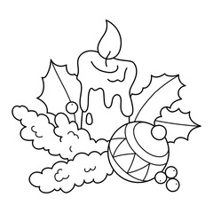 Holly candle and Christmas toy. Coloring book. Christmas. New Year. Black and white vector image.