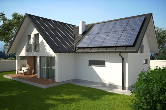 House with solar panels on the roof, 3D illustration