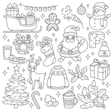 Santa with a bag of gifts. Coloring book. Christmas. New Year. Black and white vector image.