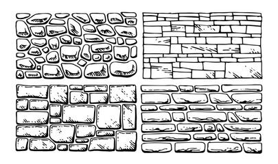 Set of walls. Masonry in construction of houses and fences. Natural building material. Hand drawn outline sketch. Isolated on white background. Vector.