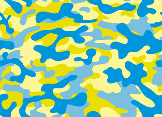 Camouflage seamless pattern. Trendy style camo colors of Ukraine, repeat print. Vector illustration. blue and yellow color texture, military army hunting print - 537028464