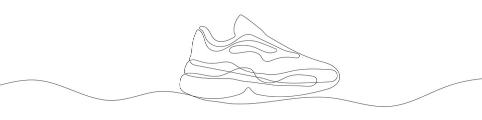 Continuous one line drawing silhouette of sneakers. The sneakers linear icon. One line drawing background. Vector illustration. Linear sneakers background