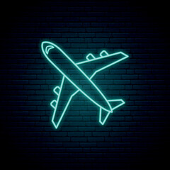 Blue neon airplane sign. Glowing airplane icon on dark brick wall background. Stock vector illustration.