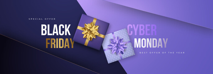 Black friday Cyber Monday banner. Trendy advertising design. Realistic purple gift boxes and golden bow on Very Peri color background.
