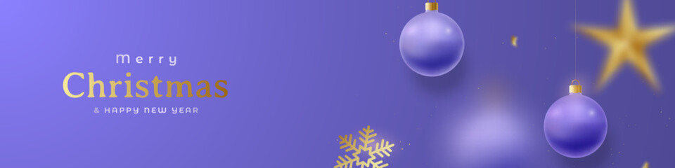 Merry Christmas and Happy New Year horizontal festive header. Realistic hanging very peri and golden Christmas balls, star and decorative snowflakes.