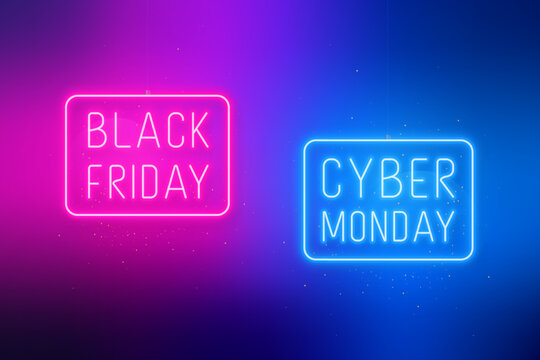 Black Friday, Cyber Monday banner. Hanging sale signboards on pink and blue bright background. Modern design with neon elements.