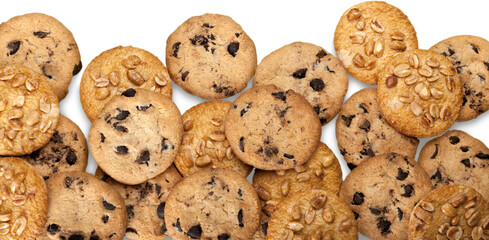 Cookies with sesame seeds and chocolate on white background