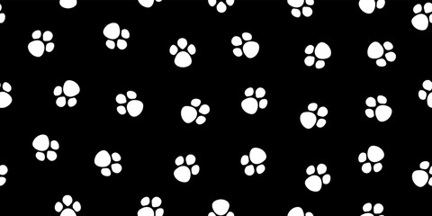 Paw dog seamless pattern. Pet, cat and puppy paws on black background. Footprint of panda. Cartoon animal texture for print. Cute wallpaper. Vector