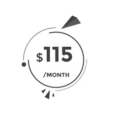 $115 USD Dollar Month sale promotion Banner. Special offer, 115 dollar month price tag, shop now button. Business or shopping promotion marketing concept
