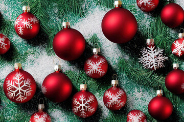 Obraz na płótnie Canvas Weihnachtshintergrund mit Tannenzweigen, Weihnachtskugeln und Schnee 