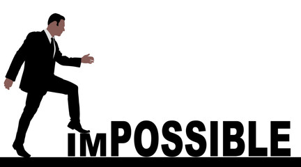 Fototapeta premium Concept conceptual human man or businessman as black silhouette stepping over impossible or possible text