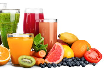 Fresh ripe healthy fruits and juices in glasses