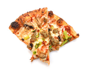 Cut off slice pizza isolated on white background