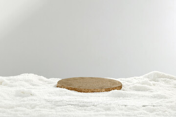 Marble table with snow and Christmas decorations with free space