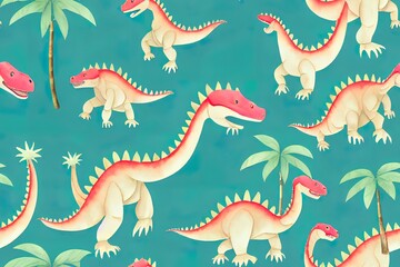 Obraz premium Dinosaur seamless pattern. Watercolor cartoon dino wallpaper. Surface design with palm trees and prehistorical reptile stegosaurus, pterodactil, triceratops