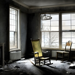 An empty rocking chair in a ruined house. Creepy. Horror. 