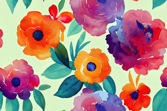 Seamless floral background. Watercolor colorful flowers painting. Floral repeat pattern. Rainbow flowers fabric ornament. Floral wallpaper
