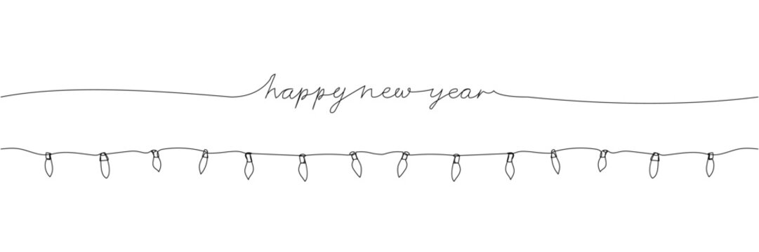 Happy New Year card with retro LED garland one line art. Continuous line drawing of new year holidays, christmas, congratulations, weekend, greetings, festive atmosphere.
